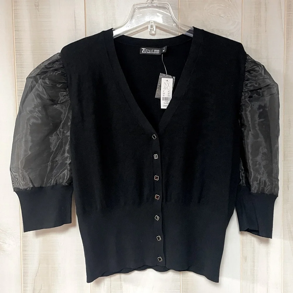 NWT New York & Company Black Sheer Puff Sleeve Button Cardigan, sz XL - Picture 1 of 8
